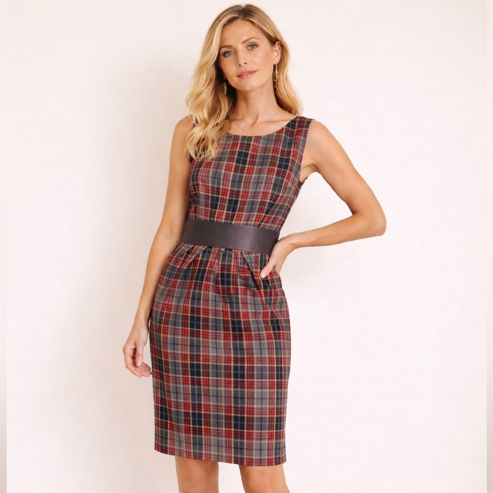 Belted Pencil Designer dress, Red plaid Size 36. EUC